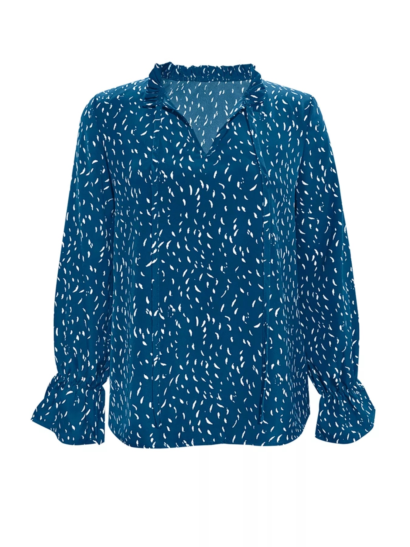 Sarah Express Women's Ruffled Printed Tie Neck Long Sleeve Blouse