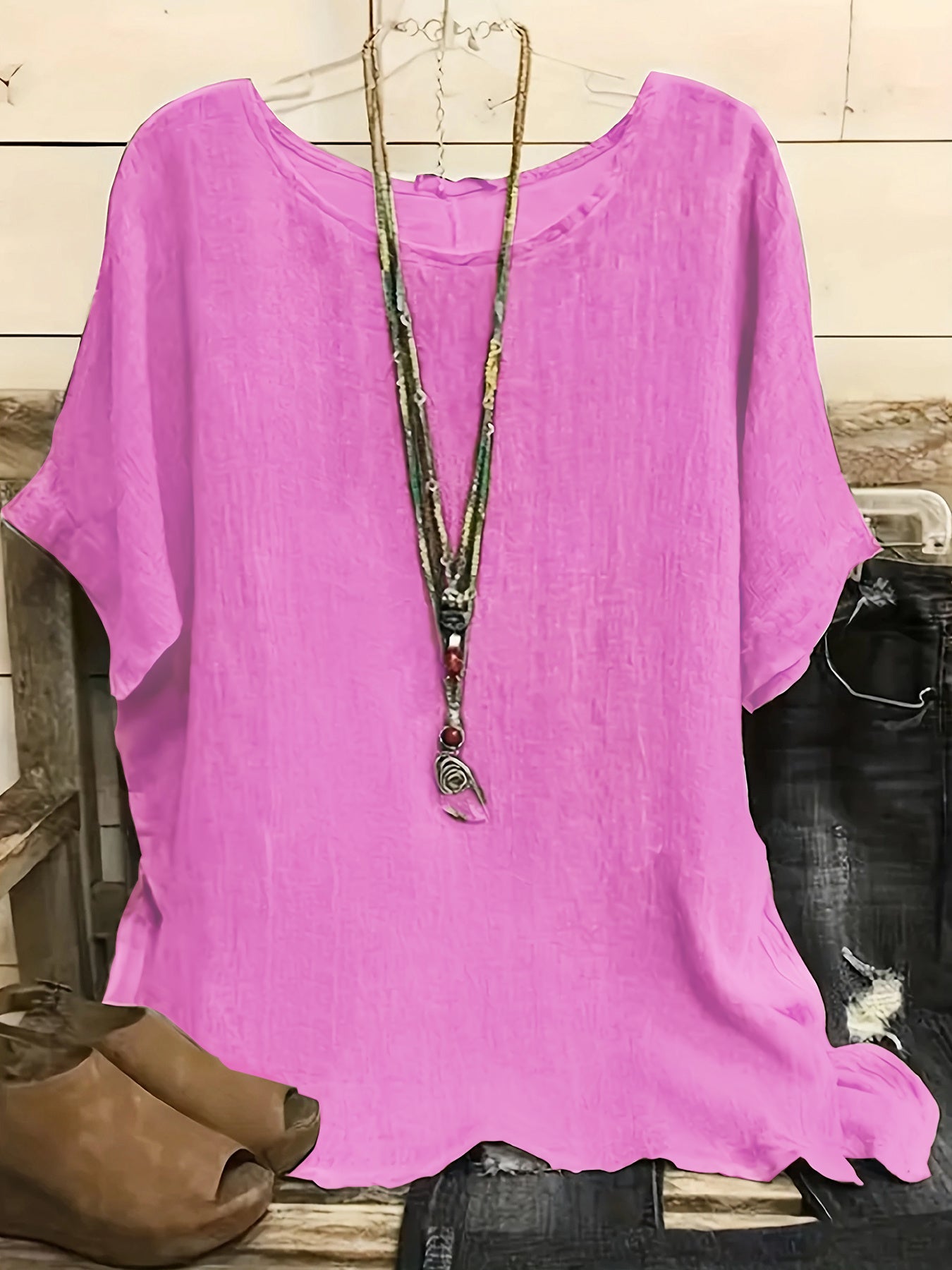 Women's Cotton Blend Round Neck Blouse 3/4 Sleeve Loose Fit Top