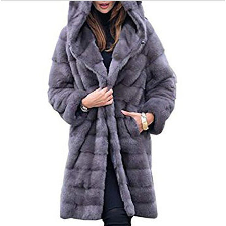 Plush Faux Fur Hooded Coat Loose Fit Medium Length