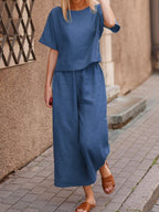 Cotton Linen Two-Piece Set Casual Loose Top Pants Outfit