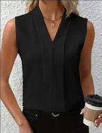 Women's Sleeveless V-Neck Blouse Elegant Polyester Top