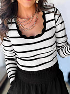 Sarah Express Women's Scalloped Trim U Neck Striped Ribbed Slim Knit Top Black