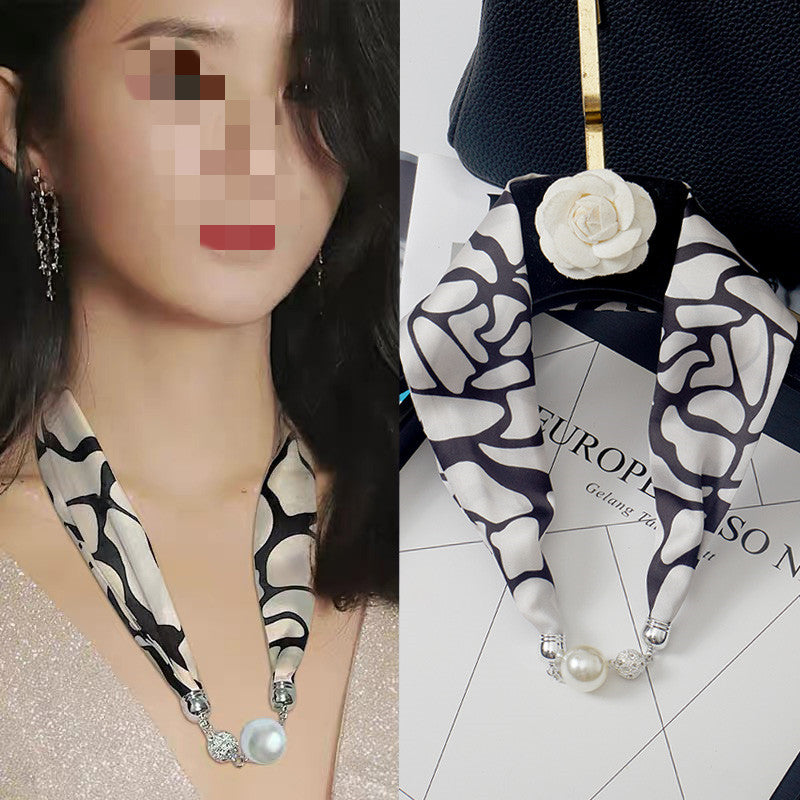 Magnetic Buckle Silk Scarf with Pearl Detail Women's Rectangular Necklace Scarf