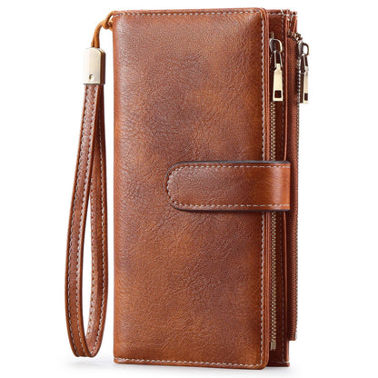 Sarah Express Women's Vintage Tri-Fold Wallet with RFID Protection - Oil Wax Leather Long Purse Light Brown