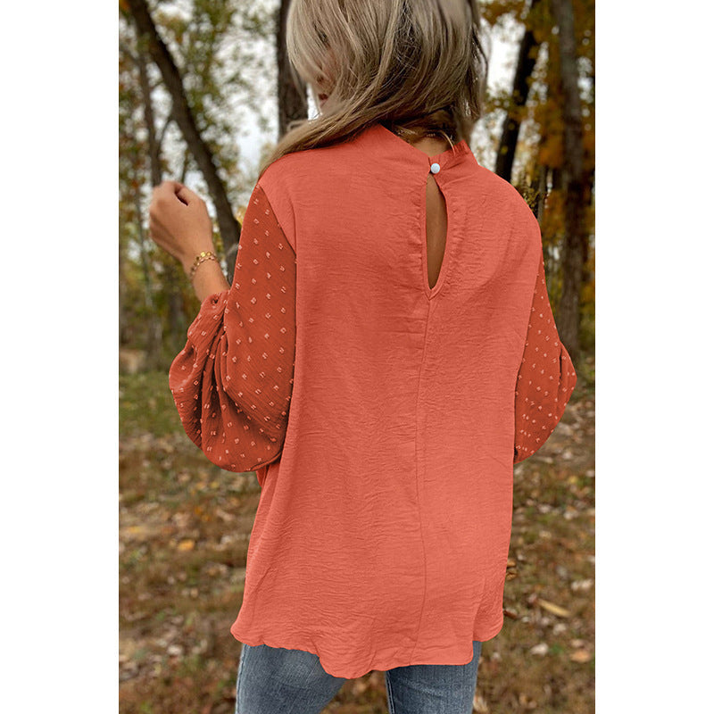 Round Neck Chiffon Blouse Long Sleeve Solid Color Casual Top