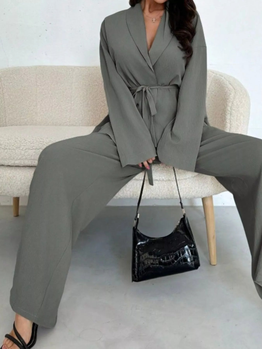 Sarah Express Women's Front Tied Shirt and Wide-Leg Pants Set