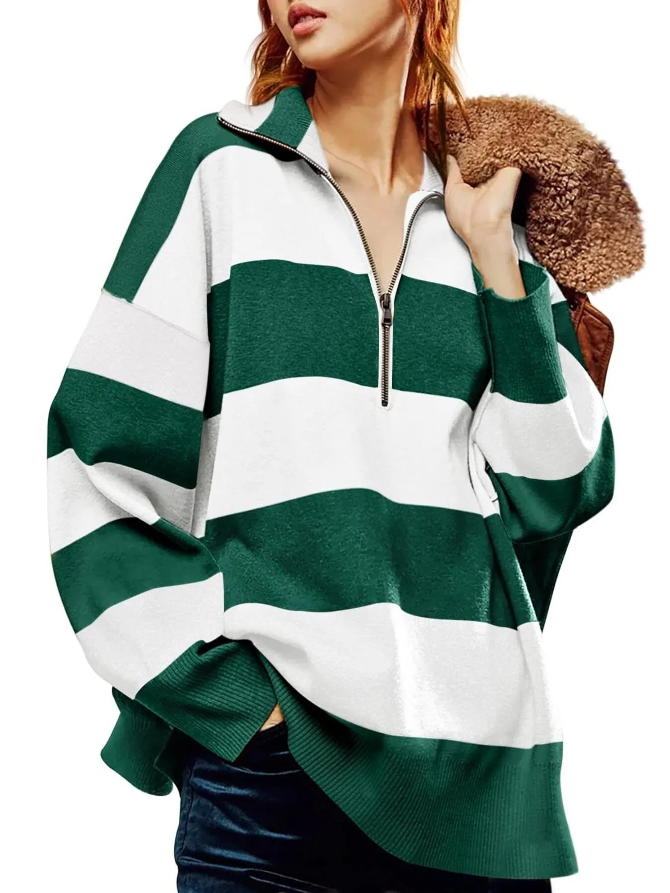 Sarah Express Women's Striped Half-Zip Oversized Sweatshirt - Retro Color Block Pullover Green