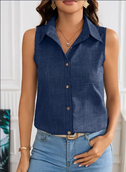 Women's Sleeveless Button Front Collar Blouse Summer Top