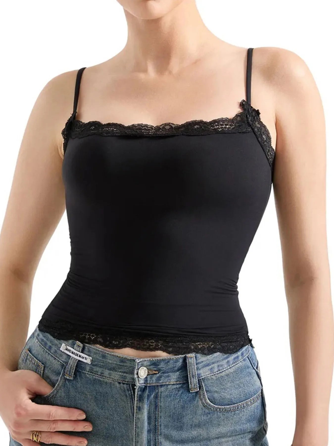 Sarah Express Women's Lace Trim Cami Top - Elegant Sleeveless Tank Black