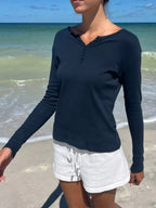 Sarah Express Women's Striped Long Sleeve Henley T-Shirt