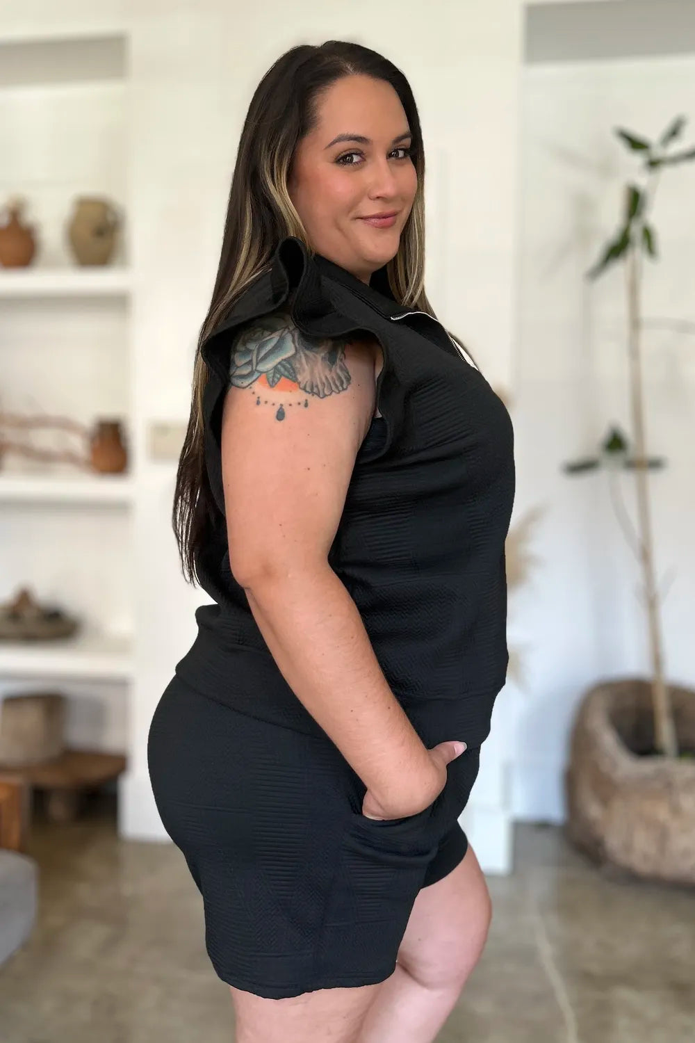 Sarah Express Women’s Plus Size Textured Flounce Sleeve Top and Shorts Set