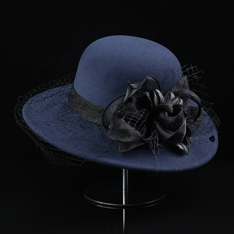 Women's Woolen Cloche Hat Floral Net Veil Dome Style