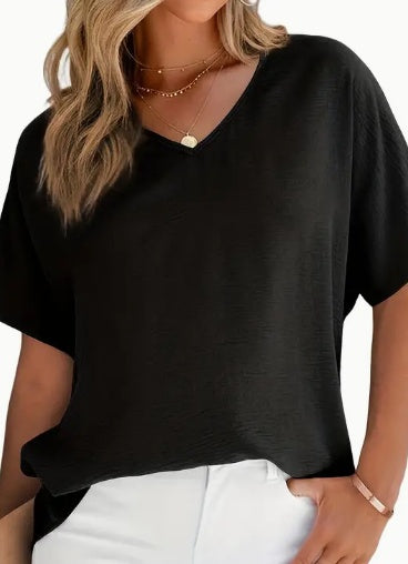 Women's Solid V-Neck Short Sleeve Blouse Casual Polyester Top
