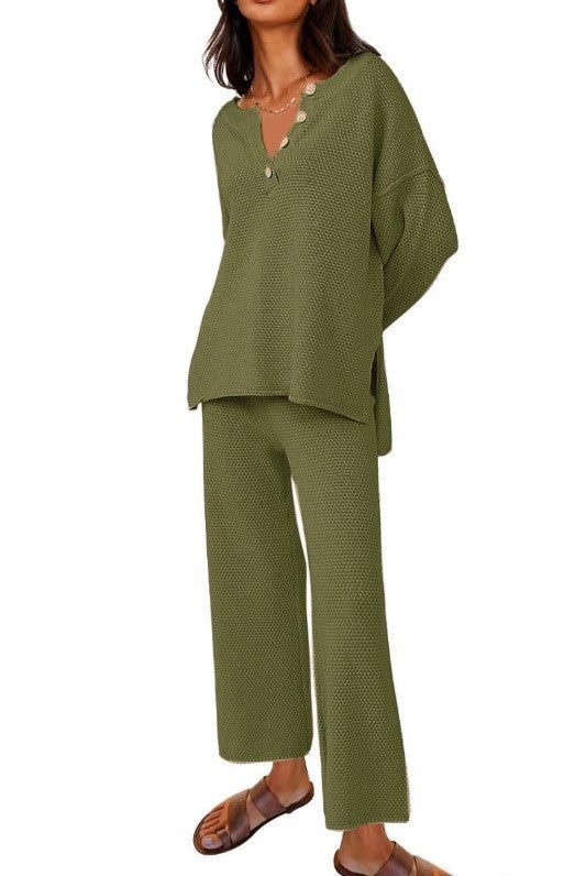 Sarah Express Women's Two-Piece Leisure Set Long Sleeve Top and Pants Casual Suit Army Green
