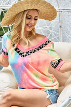 Sarah Express Women’s Rainbow Tie-Dye T-Shirt with Leopard Trim V-Neck