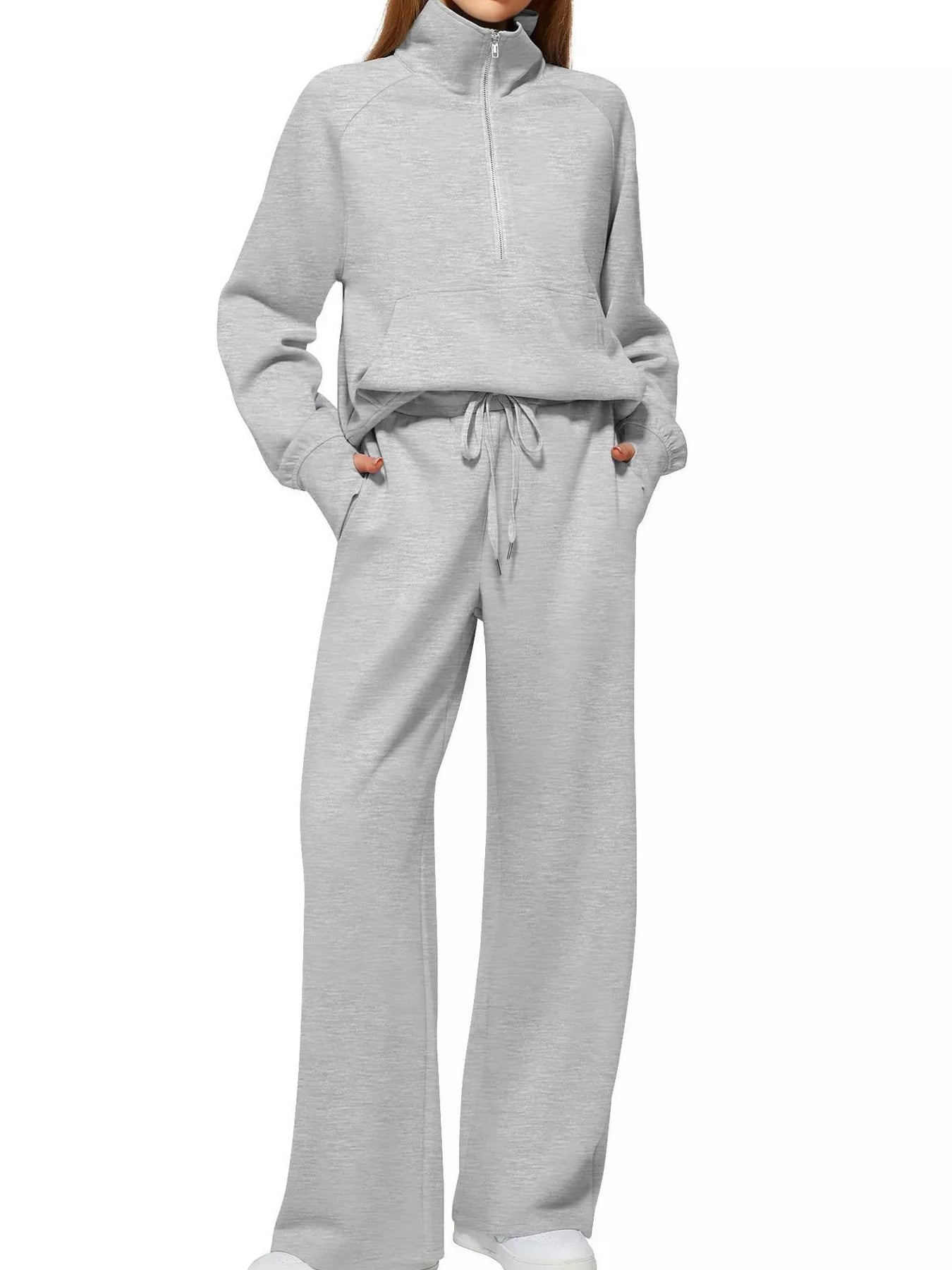 Sarah Express Women's Half-Zip Sweatshirt and Wide-Leg Pants Set Plus Size Light Gray