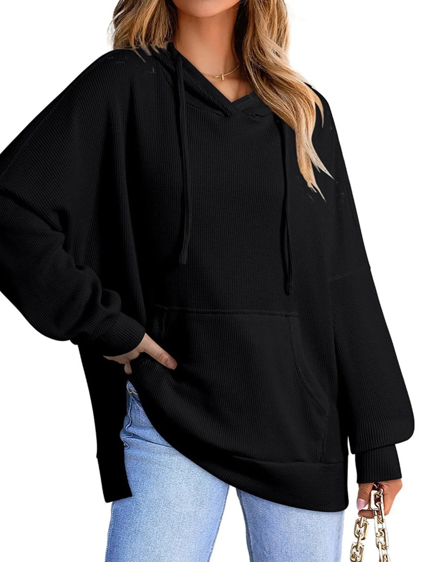 Sarah Express Women's Slit Drawstring Waffle Knit Hoodie Black