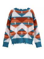 Sarah Express Women's Geometric Frayed Hem V-Neck Long Sleeve Sweater