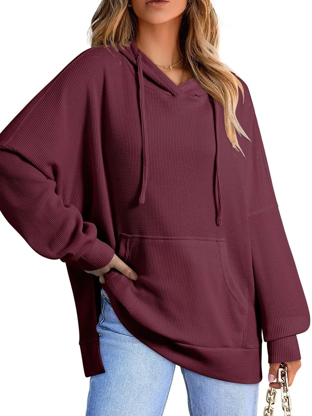Sarah Express Women's Slit Drawstring Waffle Knit Hoodie