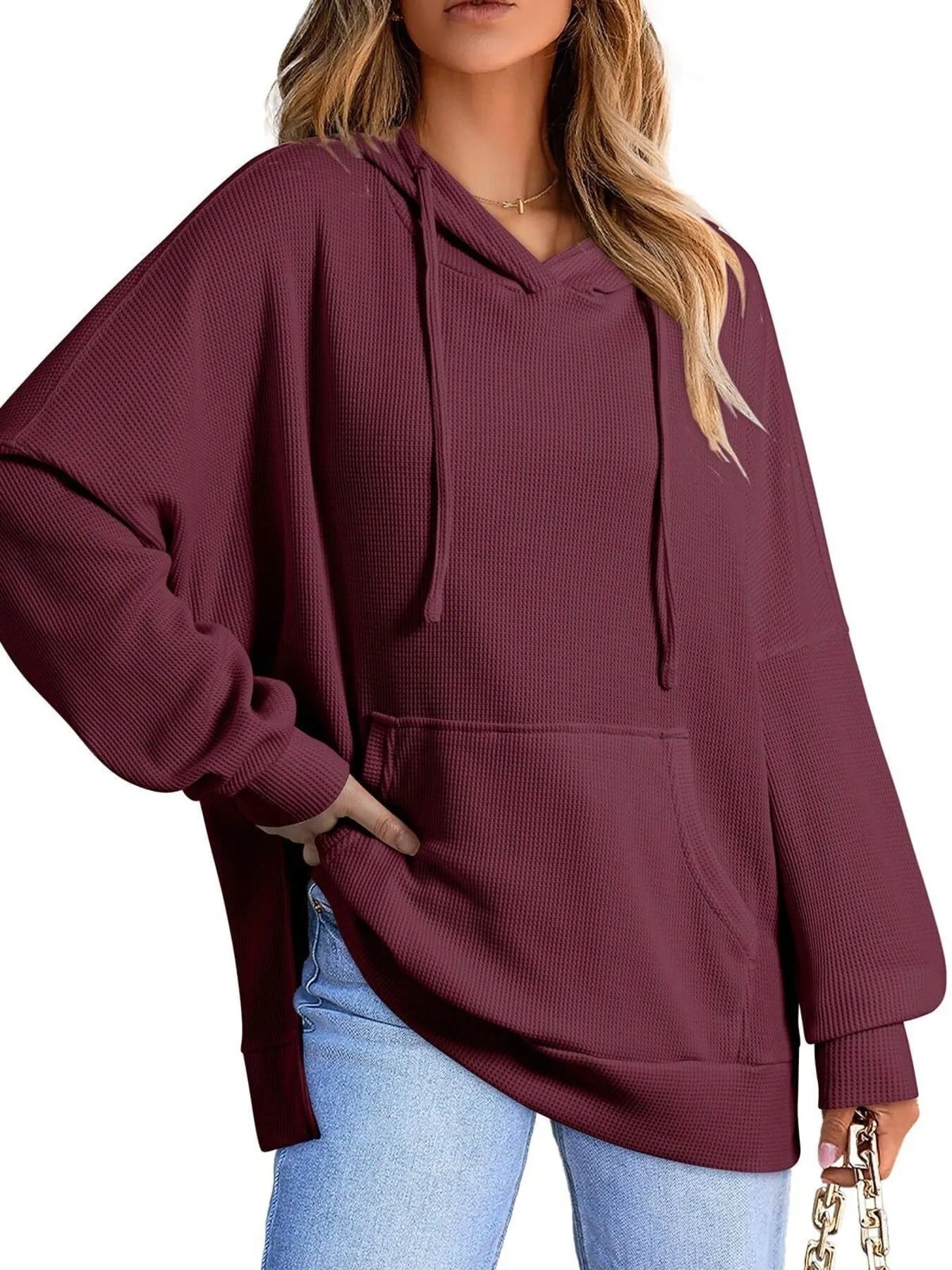 Sarah Express Women's Slit Drawstring Waffle Knit Hoodie
