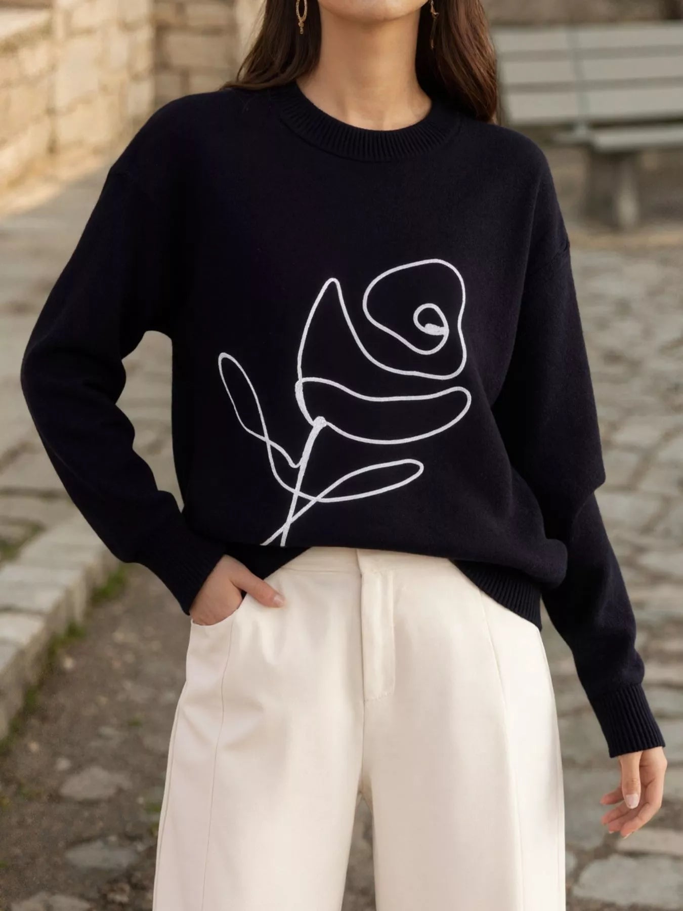 Sarah Express Women's Flower Round Neck Dropped Shoulder Sweater Black One Size