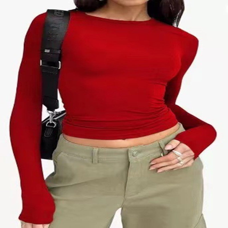 Women's Long Sleeve Pullover Top Round Neck Casual Solid Color Shirt