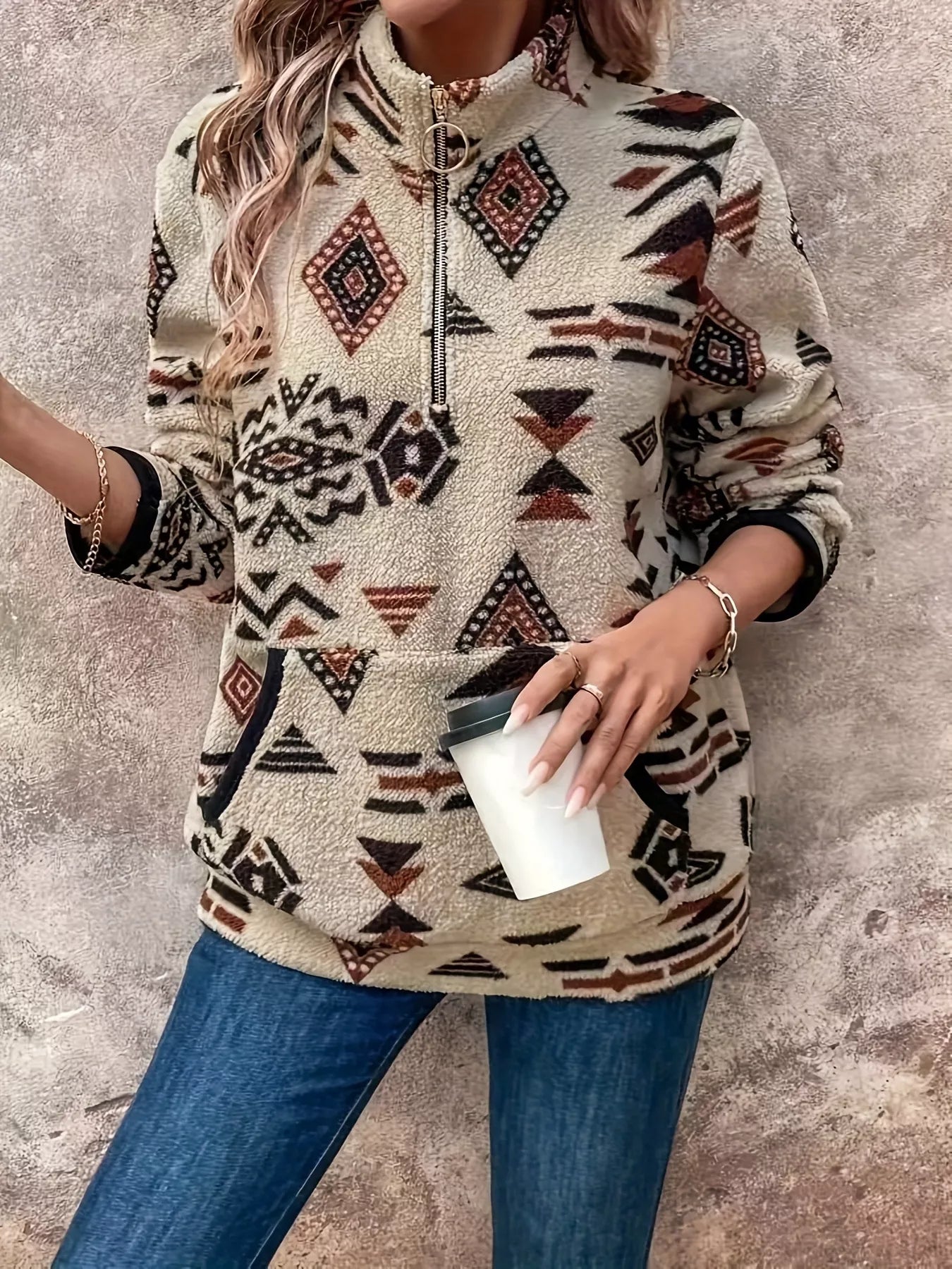 Sarah Express Women's Geometric Half Zip Long Sleeve Sweatshirt Apricot