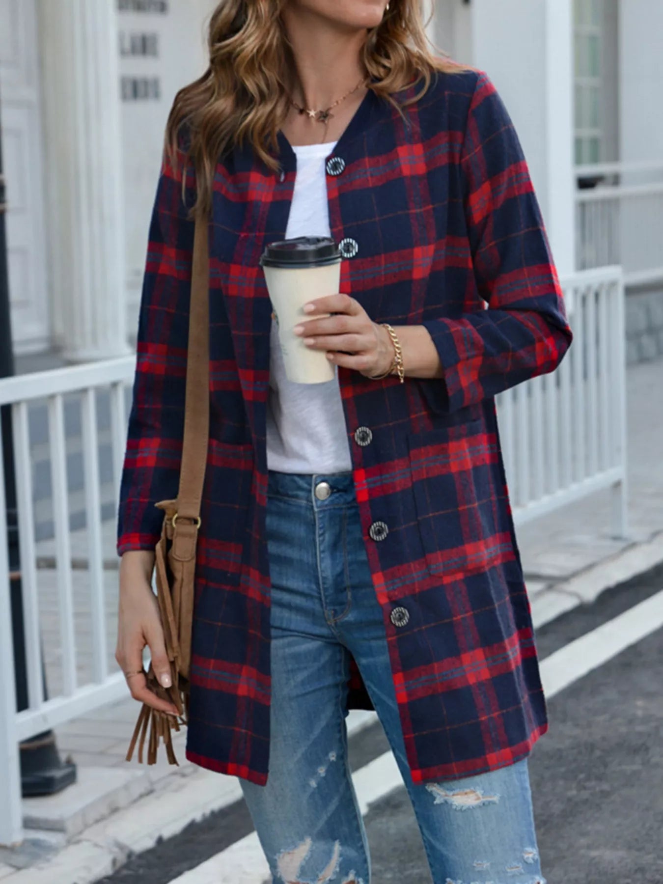 Sarah Express Women's Plus Size Plaid Button-Down Longline Shirt