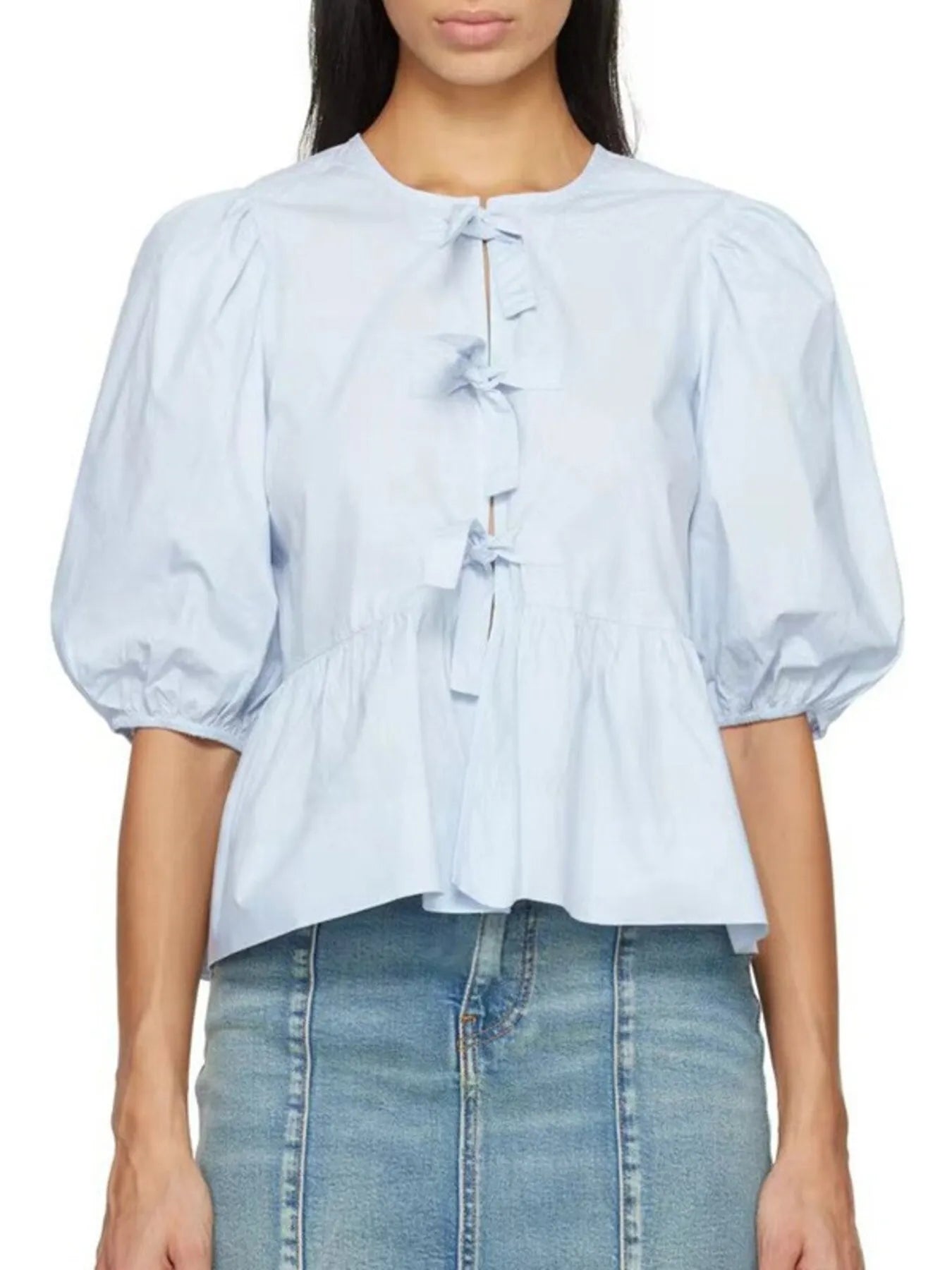 Sarah Express Women's Puff Sleeve Bow Tie Blouse Blue