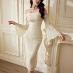 Women's Off Shoulder Lace Midi Dress Bell Sleeve Bodycon Fit