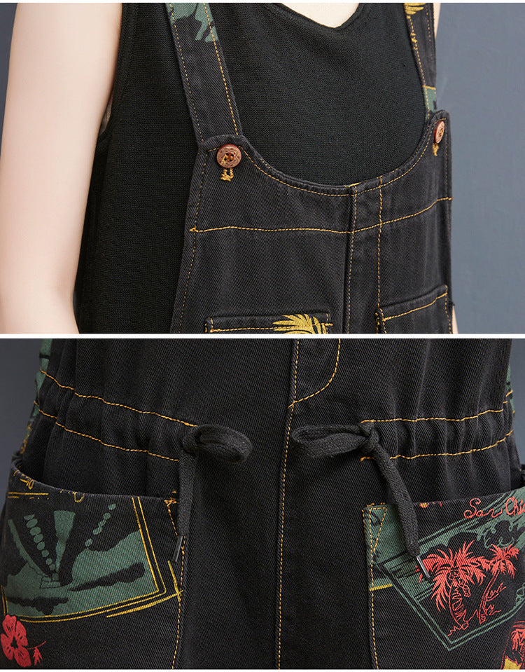 Floral Print Denim Overalls Plus Size Suspender Jeans Cropped