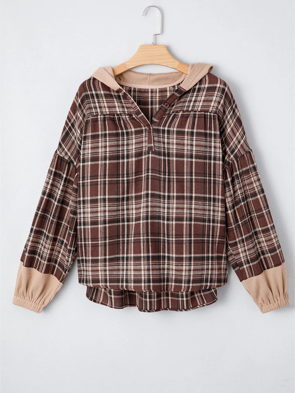 Sarah Express Women's Plaid Patchwork Long Sleeve Hooded Top