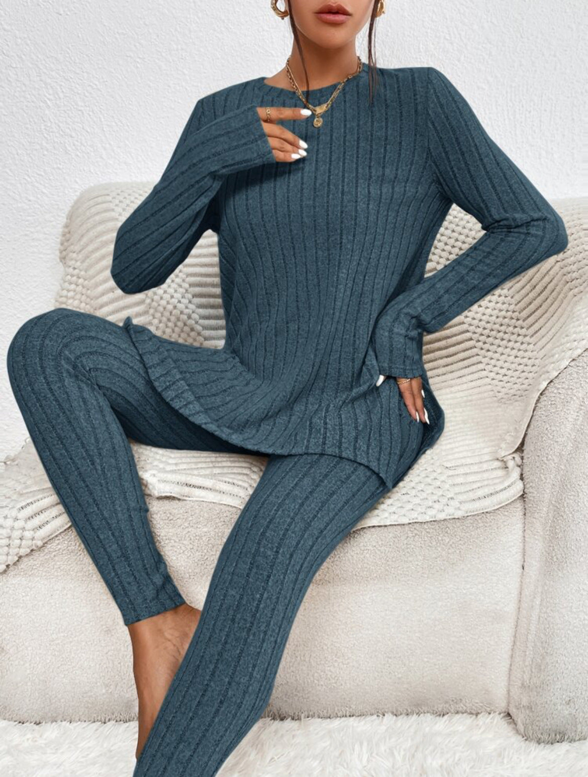 Women's Casual Cotton Two-Piece Matching Set Long Sleeve Top & Trousers