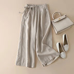 High Waist Lace-Up Cropped Pants Women's Elastic Waist Retro Cotton Casual Bottoms