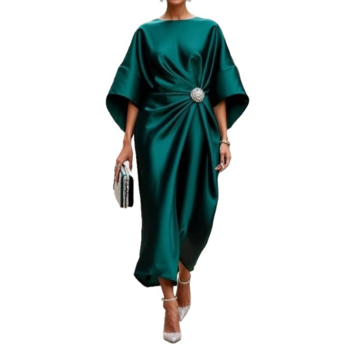 Women's Elegant Floral Beaded Satin Dress - High Waist Long Sleeve Evening Dress