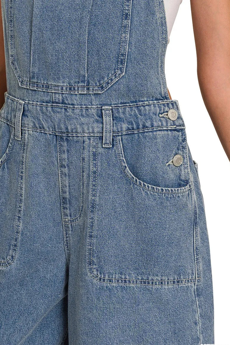 Sarah Express Women's Wide Leg Denim Overalls - Medium Wash Cotton for Casual & Weekend