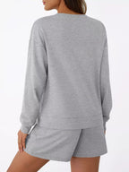 Sarah Express Women's Round Neck Long Sleeve Top and Shorts Set - Two Piece Loungewear