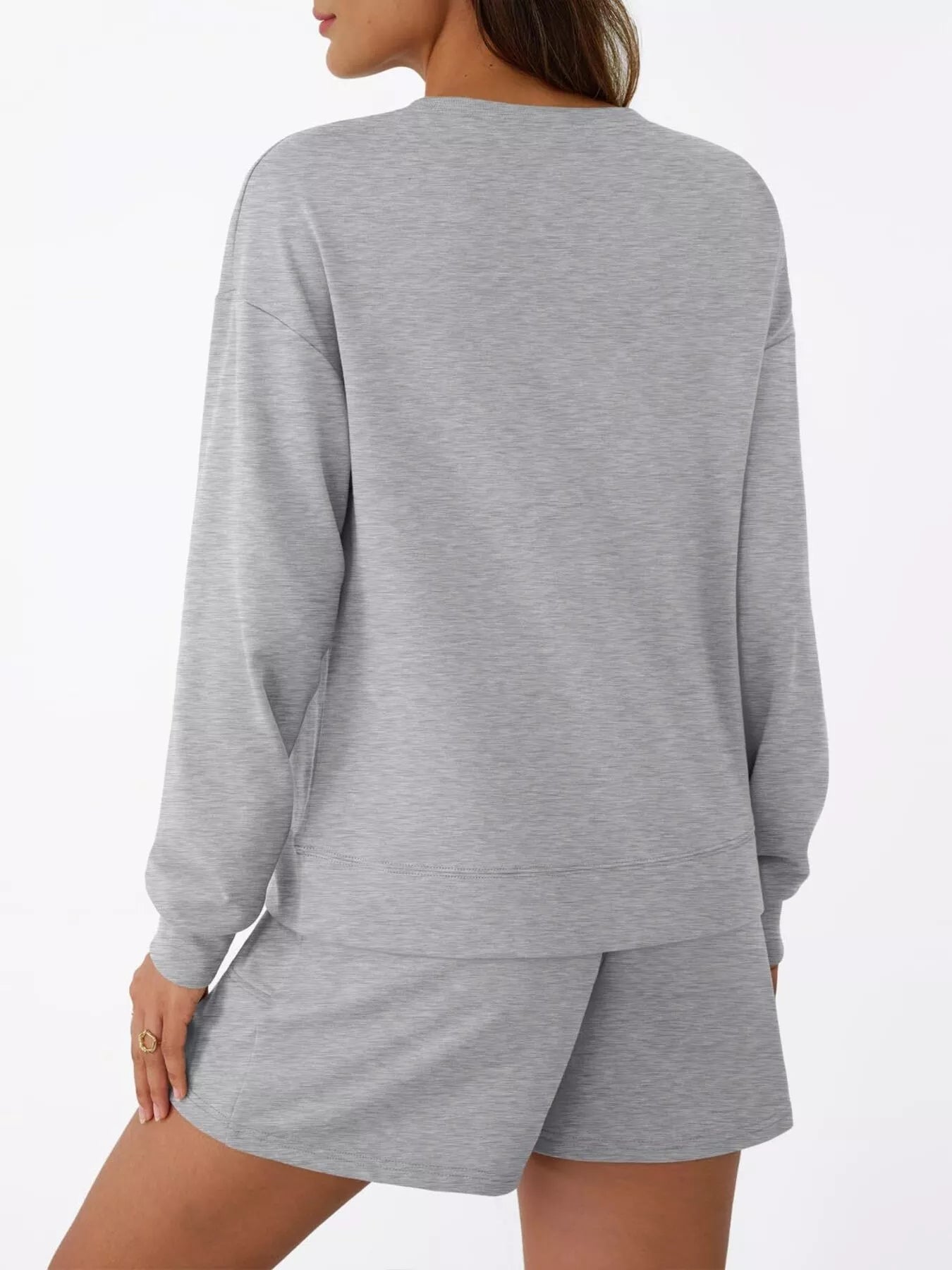 Sarah Express Women's Round Neck Long Sleeve Top and Shorts Set - Two Piece Loungewear