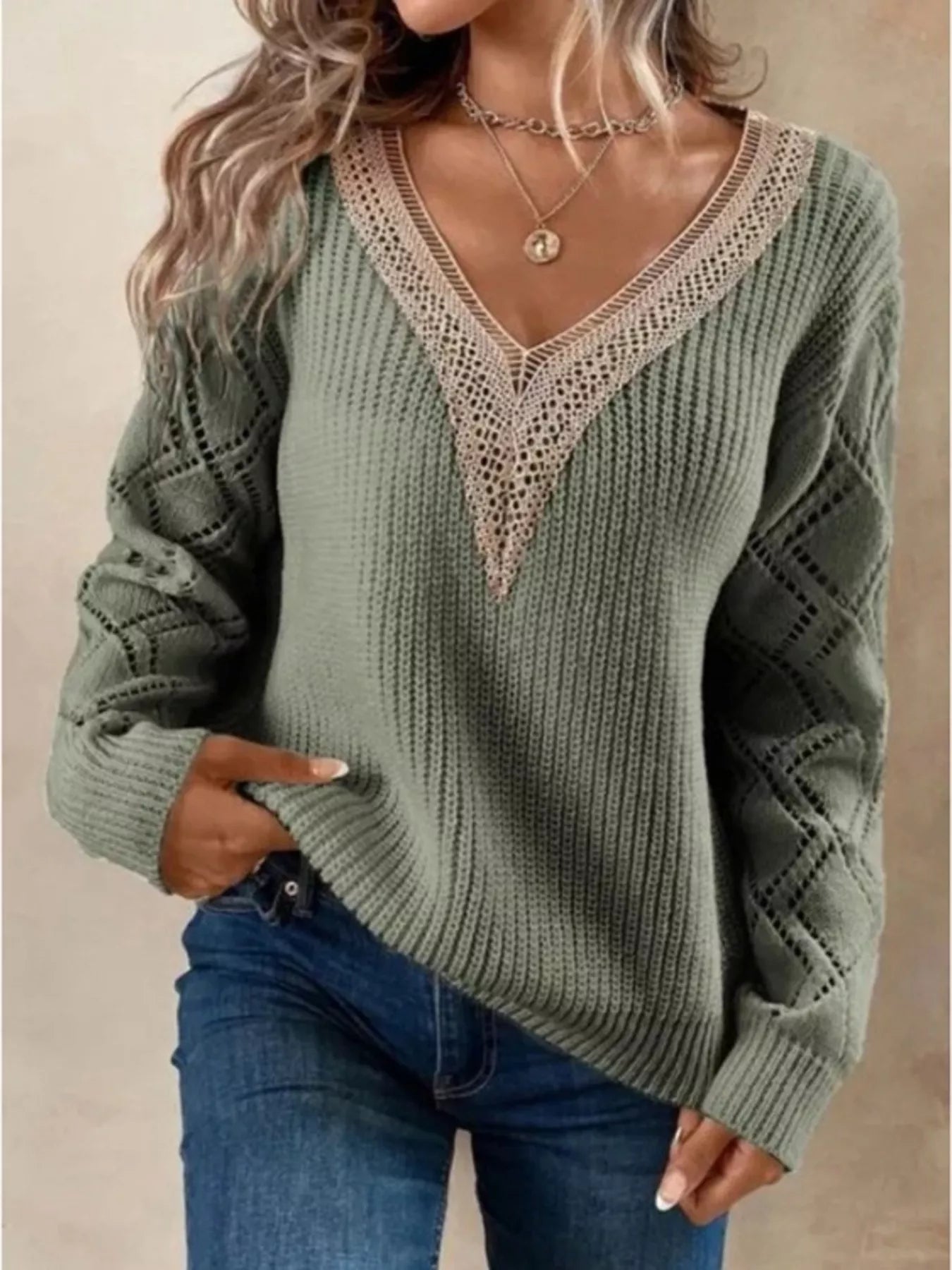 Sarah Express Women's Openwork V-Neck Long Sleeve Sweater Green