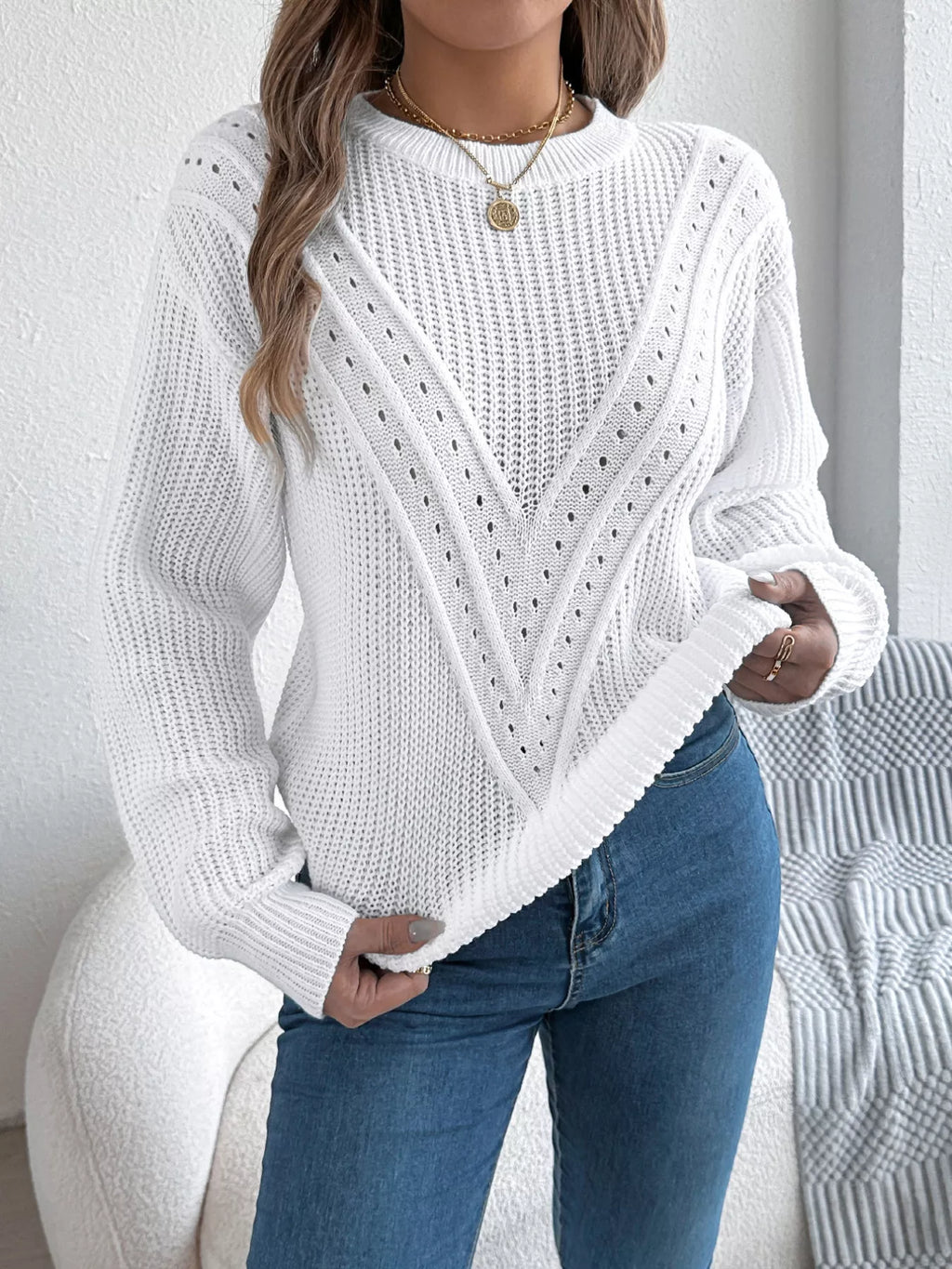 Sarah Express Women's Openwork Round Neck Sweater White