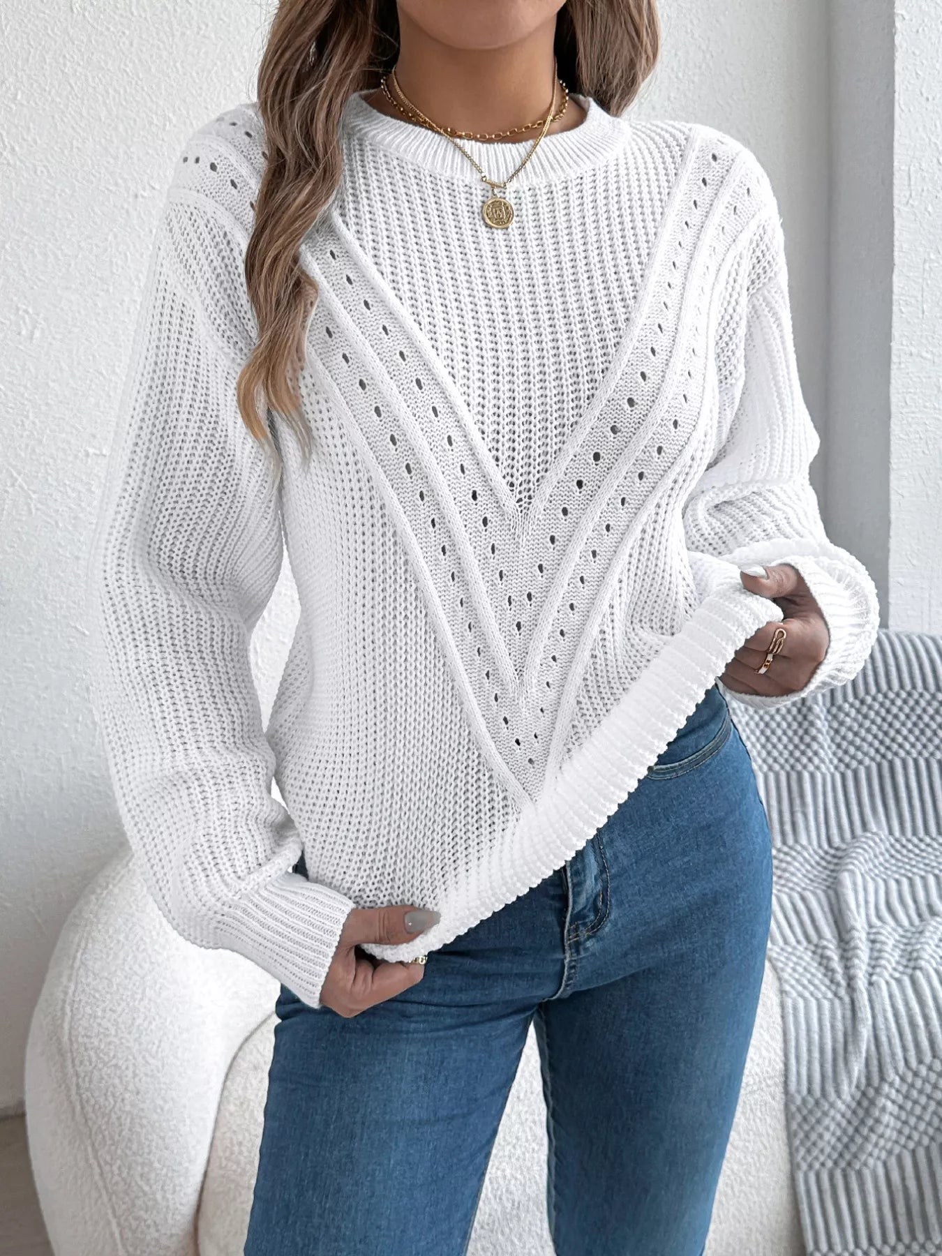 Sarah Express Women's Openwork Round Neck Sweater White