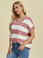 Sarah Express Women's Striped V-Neck Short Sleeve Sweater