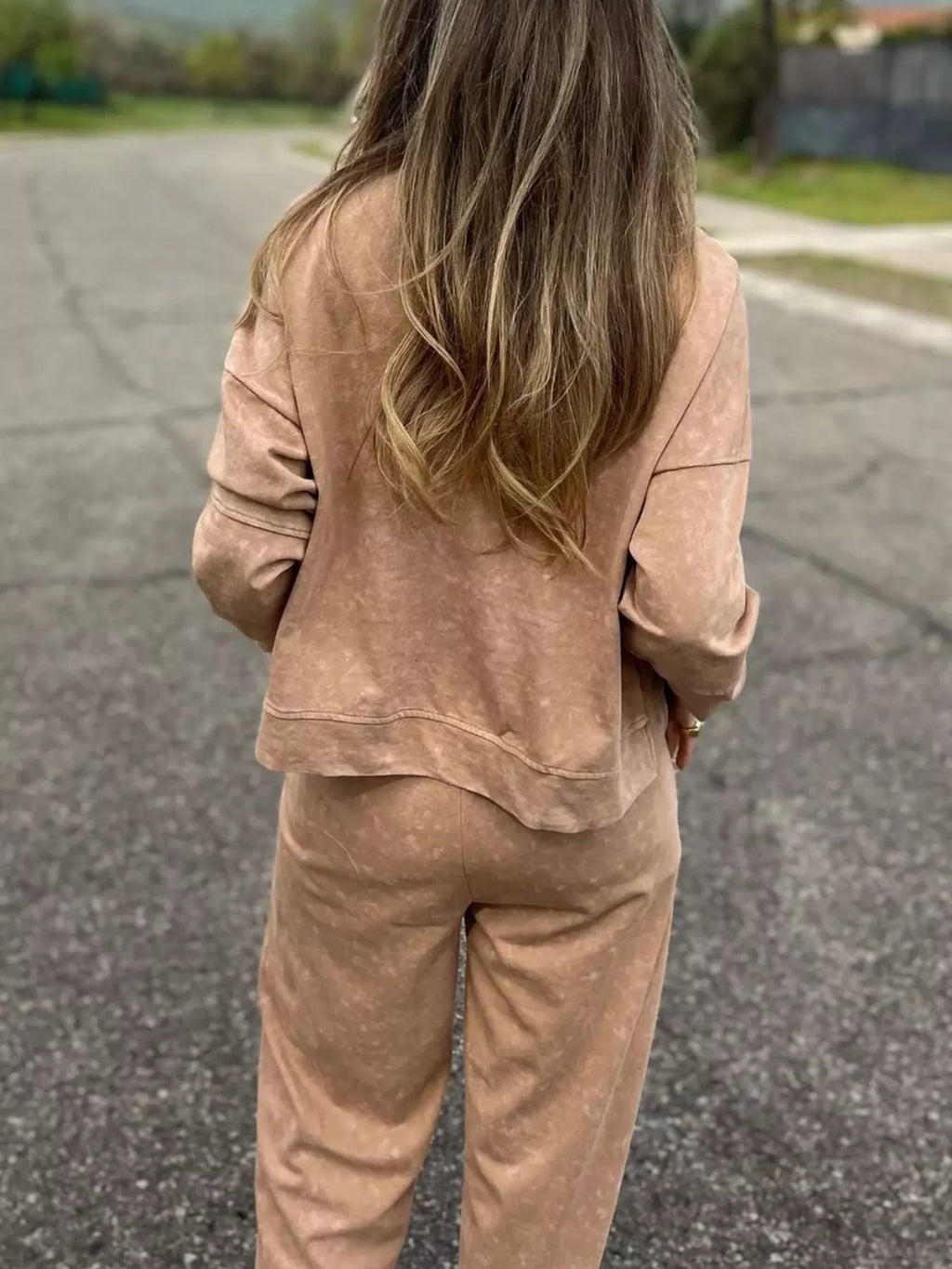 Sarah Express Women's Full Size Washed Round Neck Top and Drawstring Pants Set Plus Size