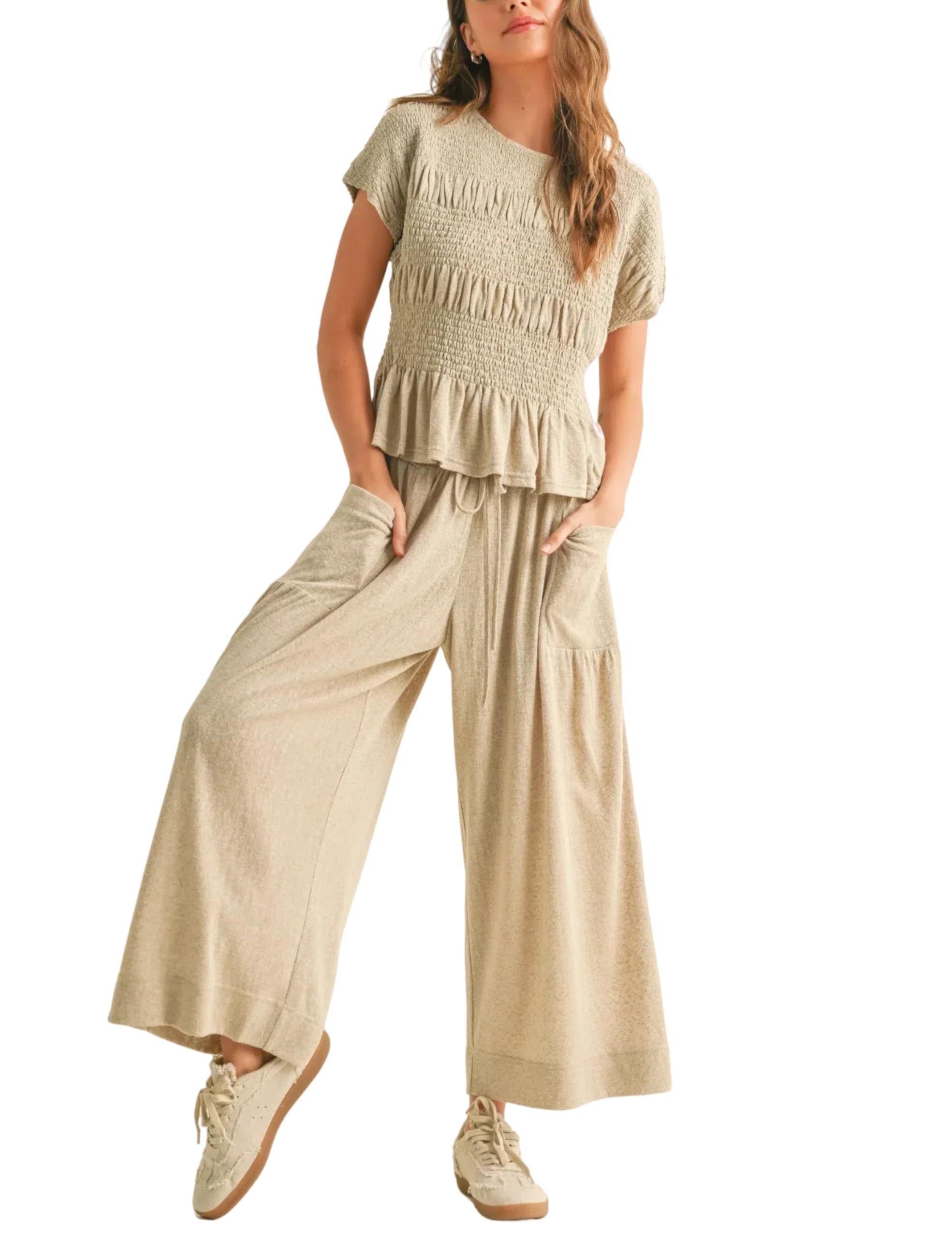 Pleated Top Wide Leg Pants 2-Piece Matching Set