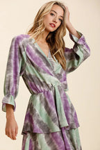 Sarah Express women’s tie-dye layered dress with a comfortable elastic waistband and feminine ruffle details.

