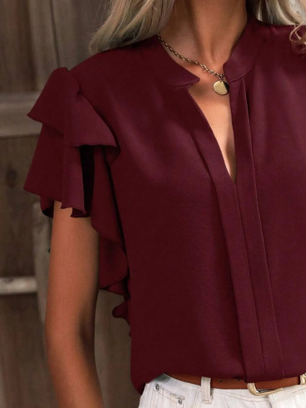 Sarah Express Women's Ruffle Sleeve Notched Blouse