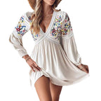 Women's Embroidered V-Neck Casual Maxi Dress Mid Waist Regular Sleeve