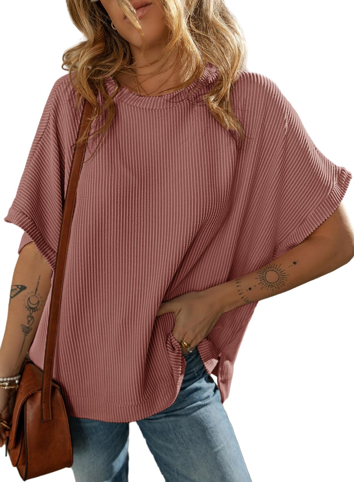 Solid Color Knitted T-Shirt Women's Half Sleeve Loose Casual Pullover Top