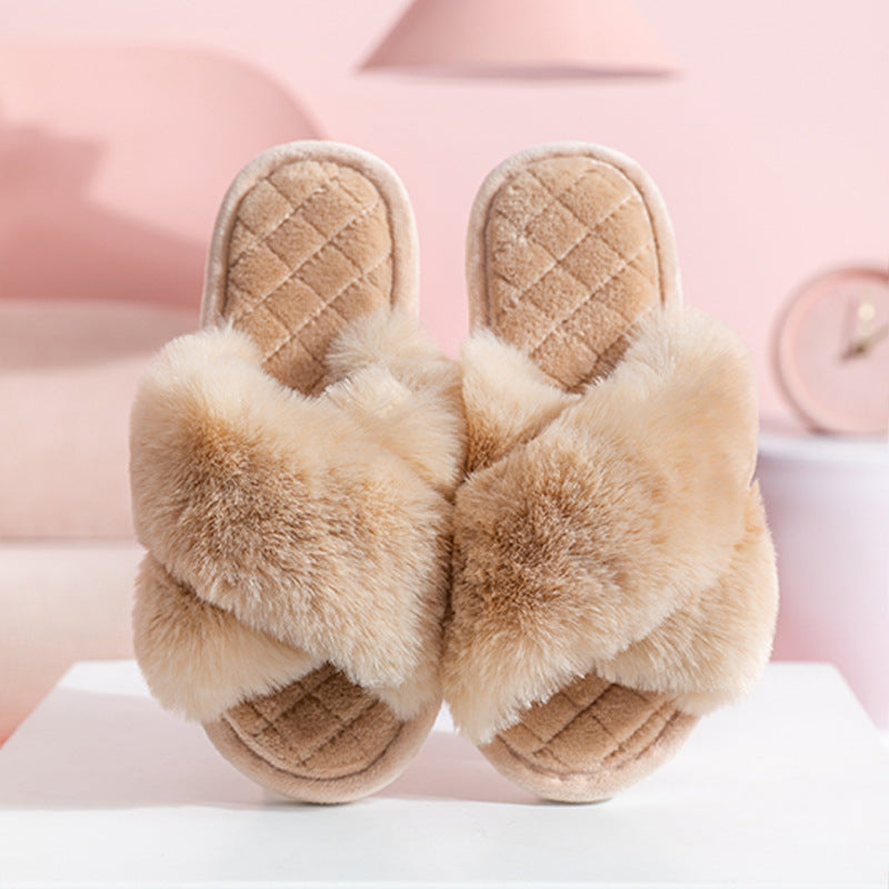 Sarah Express Furry Cross-Strap Plush Slides Indoor Slippers