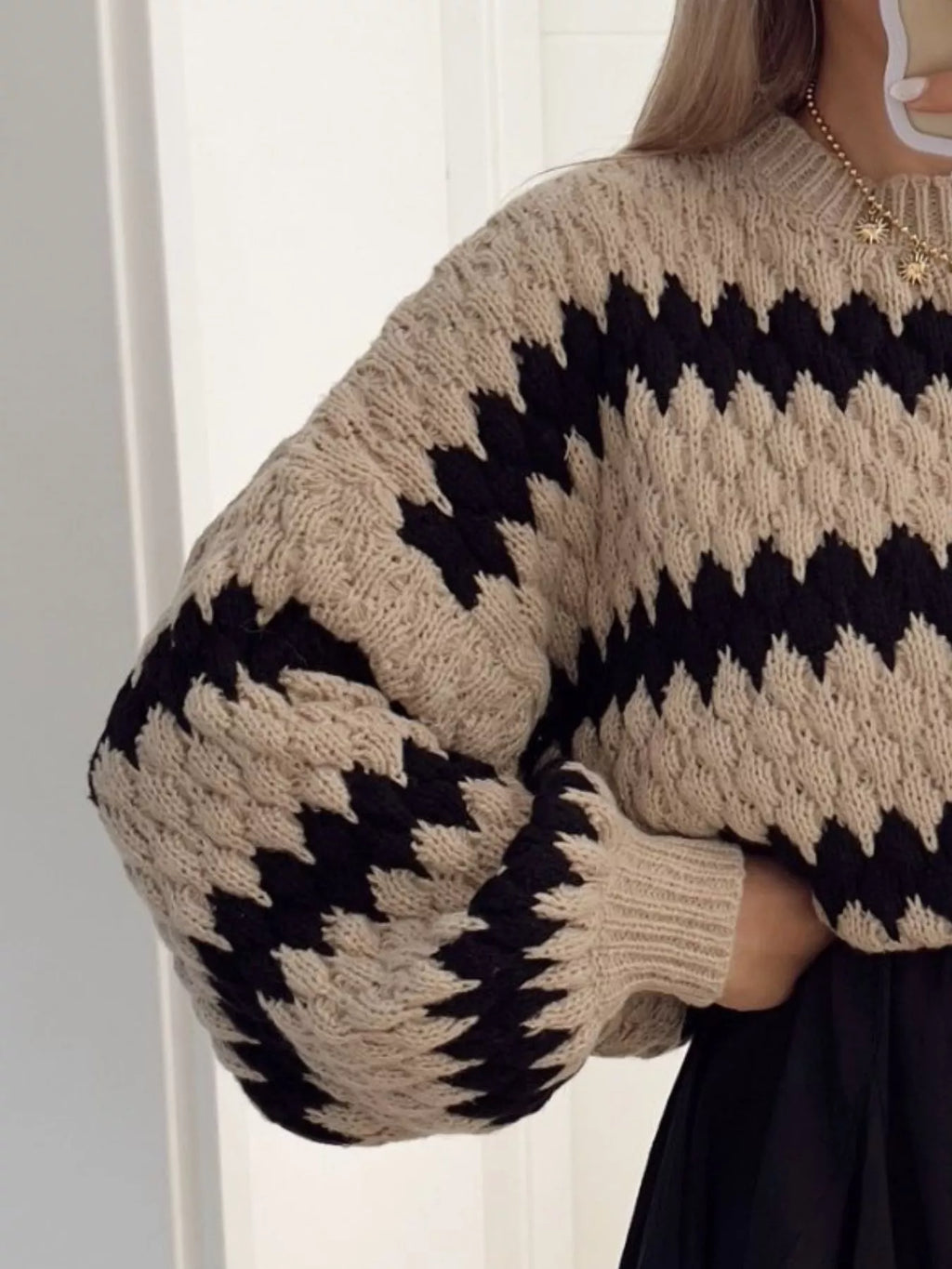 Sarah Express Women's Striped Round Neck Dropped Shoulder Sweater